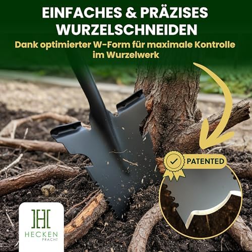 Heckenpracht® Profi Spaten mit Wurzelsäge | Ergonomischer Gärtnerspaten für harte Böden | Extra breite Trittkante