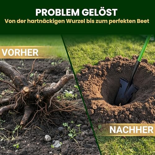 Heckenpracht® Profi Spaten mit Wurzelsäge | Ergonomischer Gärtnerspaten für harte Böden | Extra breite Trittkante