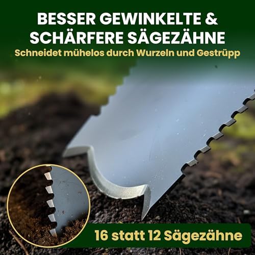 Heckenpracht® Profi Spaten mit Wurzelsäge | Ergonomischer Gärtnerspaten für harte Böden | Extra breite Trittkante