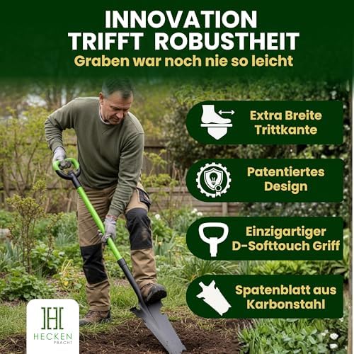 Heckenpracht® Profi Spaten mit Wurzelsäge | Ergonomischer Gärtnerspaten für harte Böden | Extra breite Trittkante