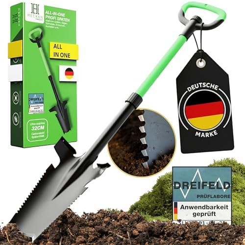 Heckenpracht® Profi Spaten mit Wurzelsäge | Ergonomischer Gärtnerspaten für harte Böden | Extra breite Trittkante